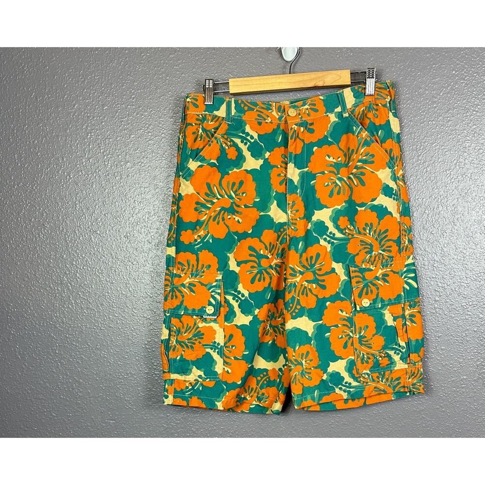 Rocawear Cargo Shorts Mens 32x12 Orange Blue Pockets Floral Casual Hawaiian